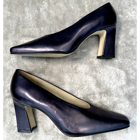 Nine West Vintage Navy Blue Metallic Leather Pumps Y2K 90s Square Toe Womens 6.5 - Picture 2 of 9